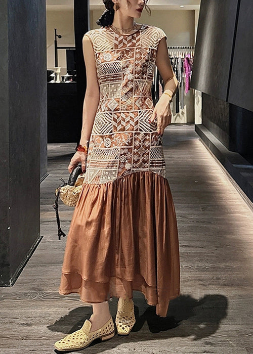 Patchwork Cotton Zippered Brown Out Dresses Long Hollow