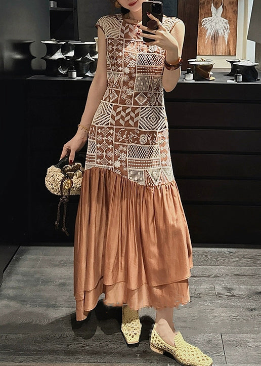 Patchwork Cotton Zippered Brown Out Dresses Long Hollow