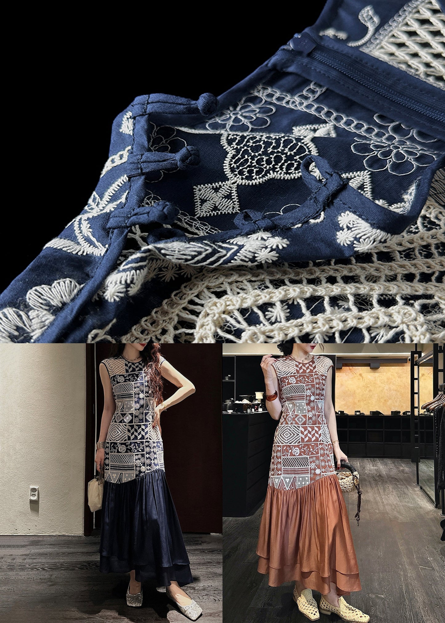 Patchwork Cotton Zippered Brown Out Dresses Long Hollow