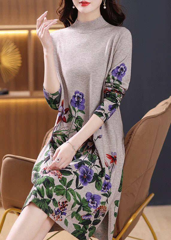 Robe en tricot de laine confortable à col roulé et ouverture latérale camel, printemps TB021