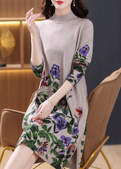 Robe en tricot de laine confortable à col roulé et ouverture latérale camel, printemps TB021