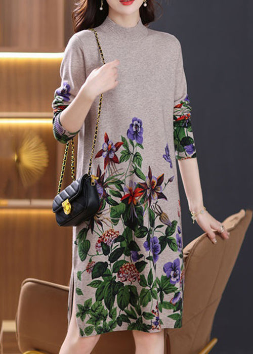Robe en tricot de laine confortable à col roulé et ouverture latérale camel, printemps TB021