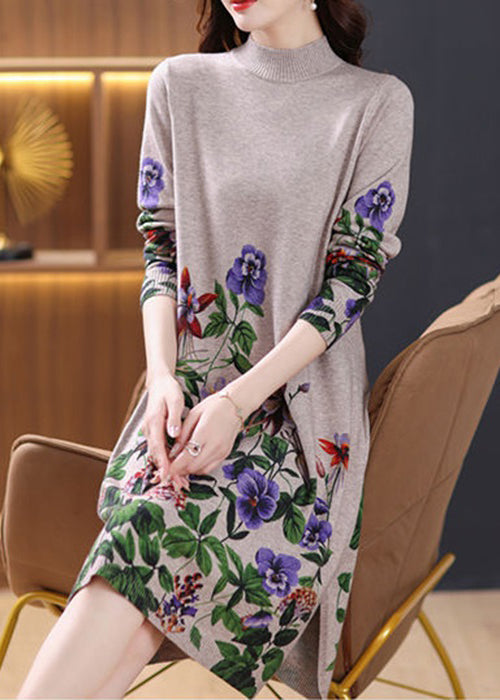 Robe en tricot de laine confortable à col roulé et ouverture latérale camel, printemps TB021