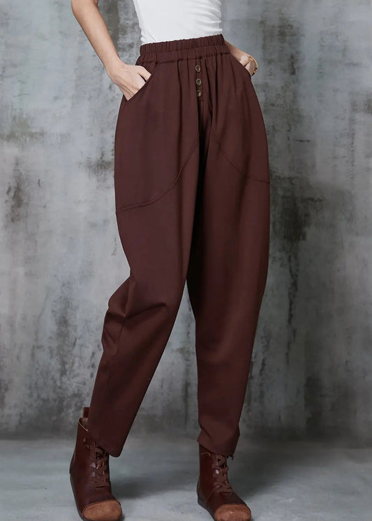 Caramel Cotton Harem Pants High Waist Button Spring Ada Fashion