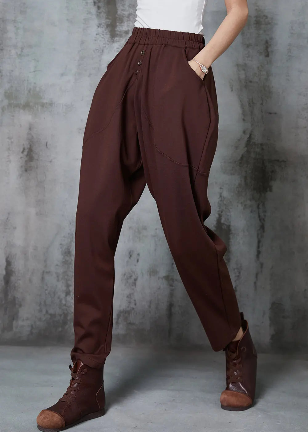 Caramel Cotton Harem Pants High Waist Button Spring Ada Fashion