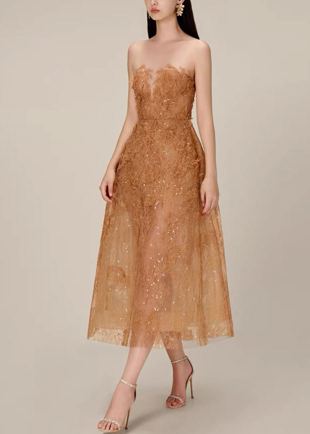 Caramel Lace Sequins Tulle Long Dress Strapless Summer KK017