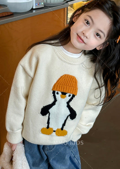 Pull décontracté en tricot de coton à imprimé pingouin abricot pour filles, haut d'hiver WL042