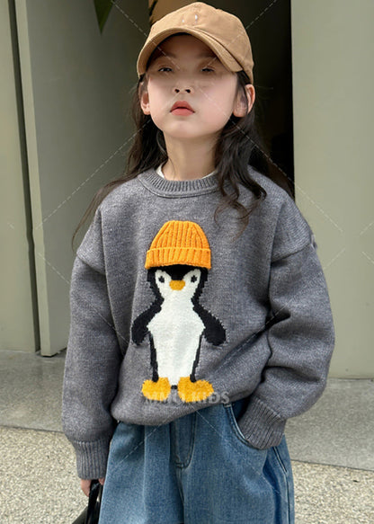 Pull décontracté en tricot de coton à imprimé pingouin abricot pour filles, haut d'hiver WL042