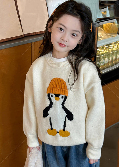 Pull décontracté en tricot de coton à imprimé pingouin abricot pour filles, haut d'hiver WL042