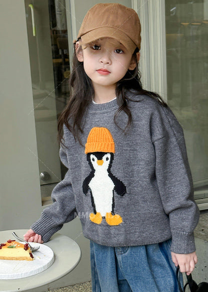 Pull décontracté en tricot de coton à imprimé pingouin abricot pour filles, haut d'hiver WL042