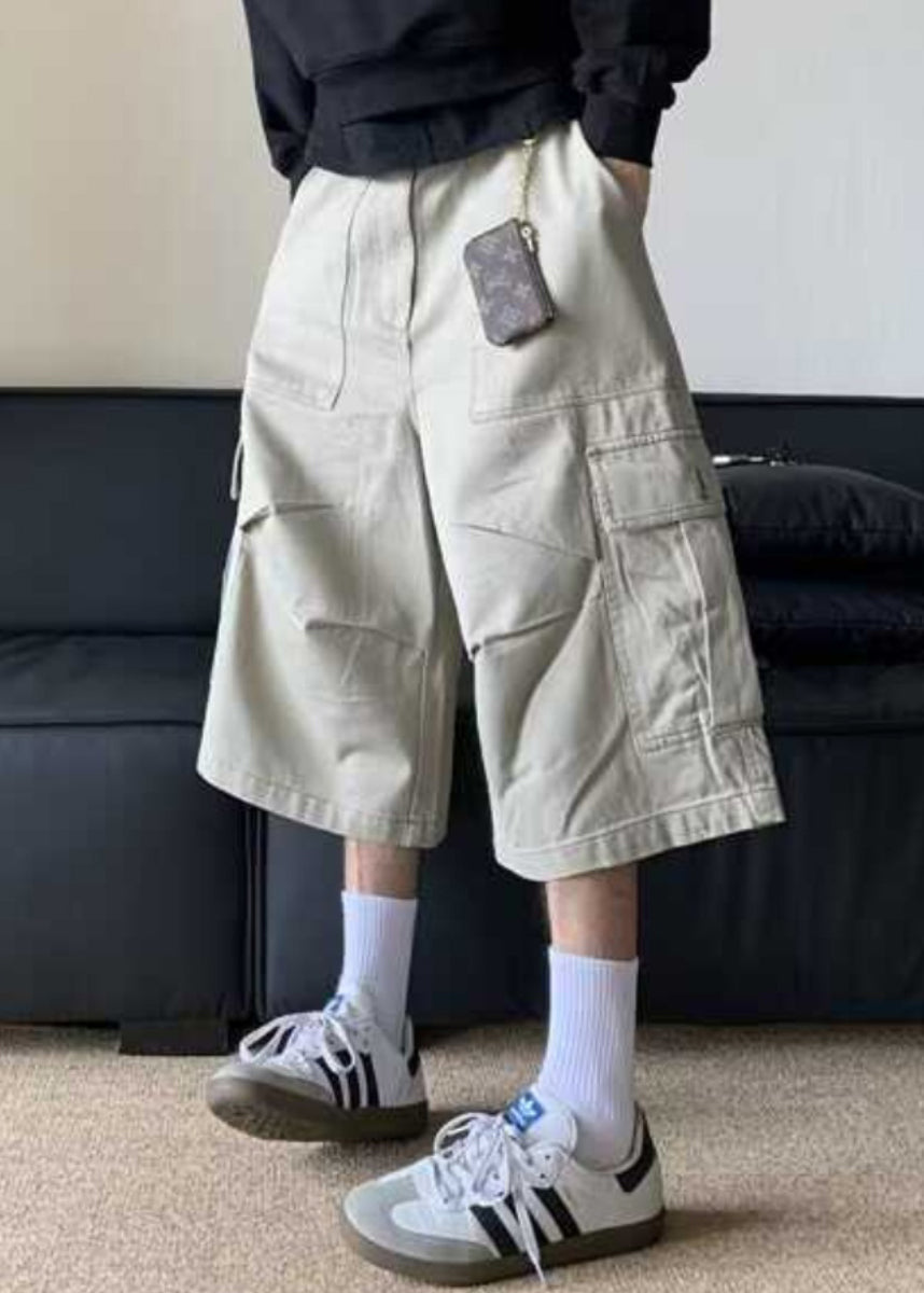 Pantalon court décontracté à taille haute, abricot, poches hautes, été, coton, pour homme