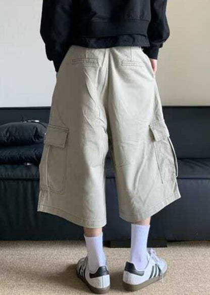 Pantalon court décontracté à taille haute, abricot, poches hautes, été, coton, pour homme