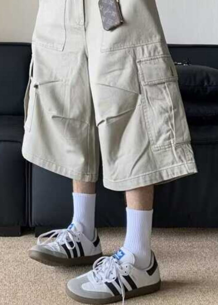 Pantalon court décontracté à taille haute, abricot, poches hautes, été, coton, pour homme
