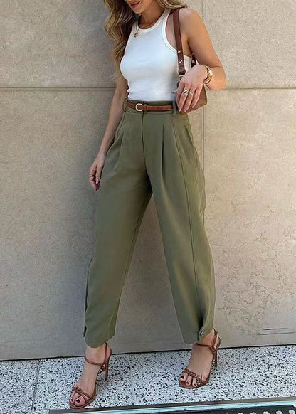 Pantalon sarouel taille haute décontracté vert automne coton