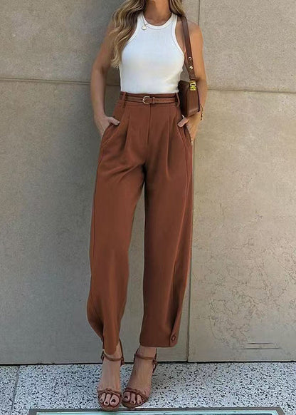 Pantalon sarouel taille haute décontracté vert automne coton