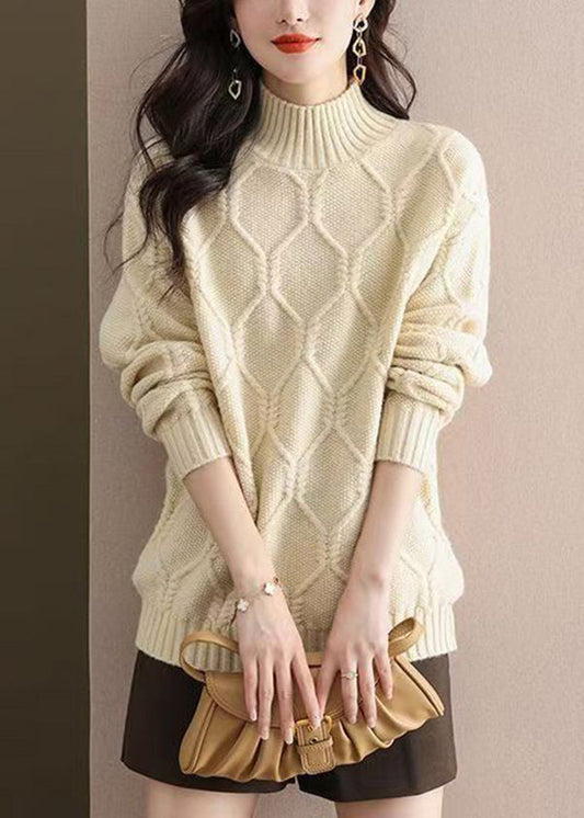 Casual Beige Half Hign Neck Thick Knit Sweater Tops Fall QI031