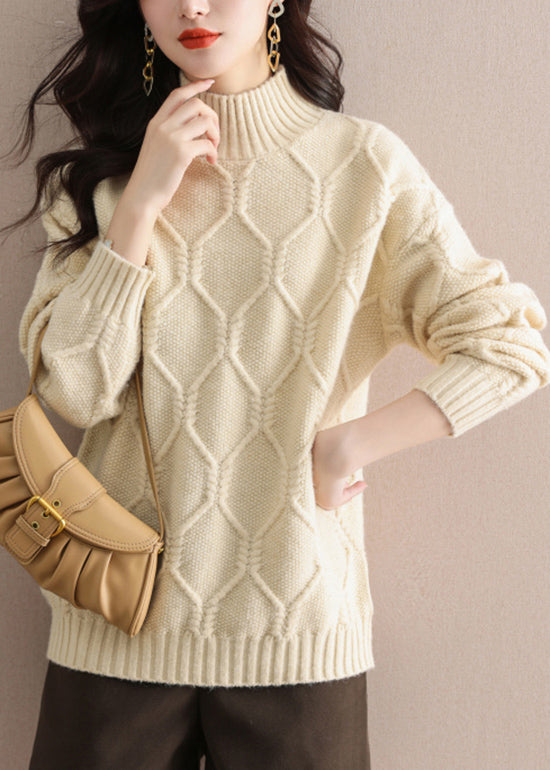 Casual Beige Half Hign Neck Thick Knit Sweater Tops Fall QI031