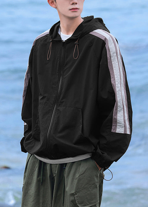 Casual Beige Coat Ice Striped 50+ Patchwork Silk Hooded UPF Mens