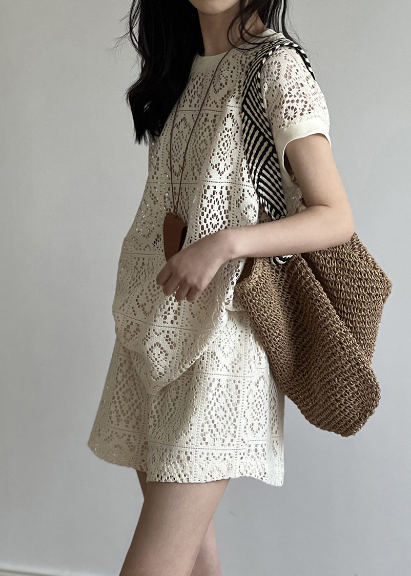 And Hollow Beige Pieces Set O-Neck Casual Two Shorts Top Out