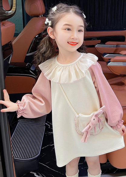 Robe mi-longue décontractée beige à col rond en tulle patchwork pour enfants Automne SS1059