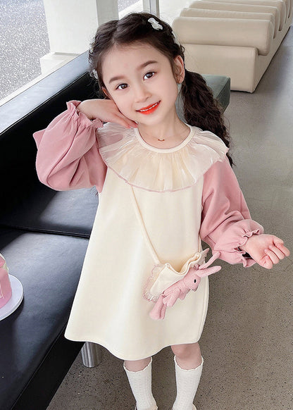 Robe mi-longue décontractée beige à col rond en tulle patchwork pour enfants Automne SS1059