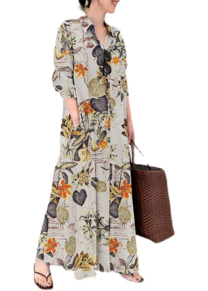 Knöchel Baumwolle Frühling Kleid Casual Beige Shirt Print Übergroßen