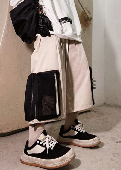 Up Beige Zip Casual Übergroße Taschen Sommer Shorts Baumwolle