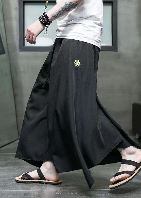 Casual Black Asymmetrical Pockets Ice Silk Mens Wide Leg Pants Summer SA046