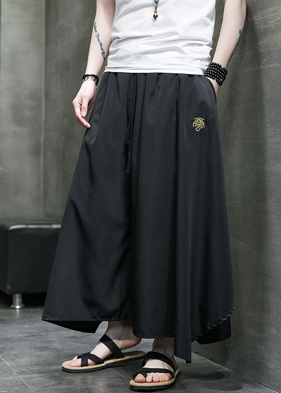 Casual Black Asymmetrical Pockets Ice Silk Mens Wide Leg Pants Summer SA046