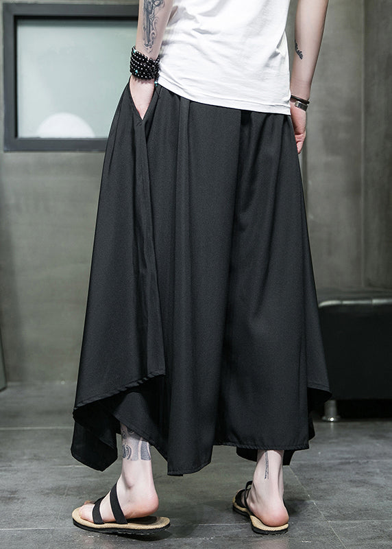 Casual Black Asymmetrical Pockets Ice Silk Mens Wide Leg Pants Summer SA046