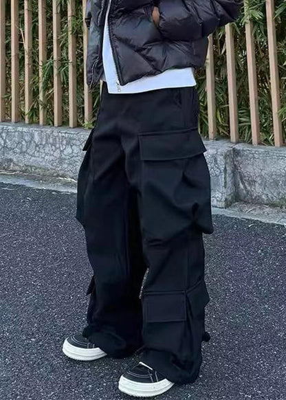 Pantalon décontracté pour homme avec poches à la taille et boutons noirs en coton