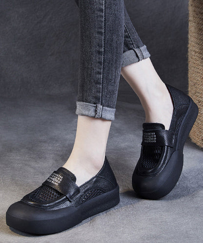 Mocassins décontractés en cuir de vachette noir ajouré pour femmes JJ017