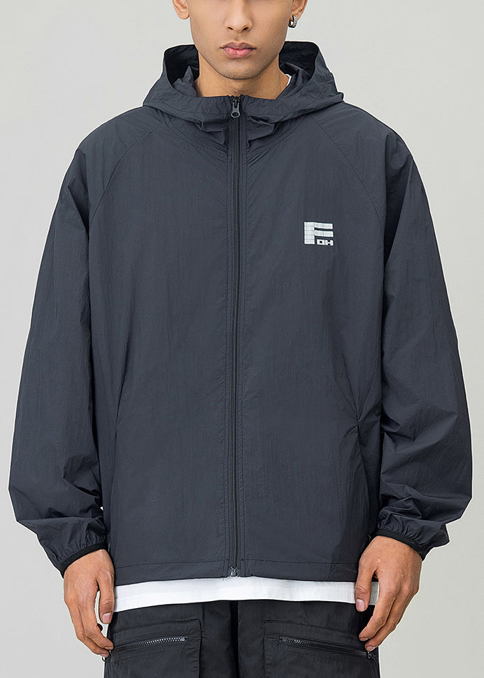 Manteau décontracté UPF 50+ noir imprimé avec cordon de serrage et capuche pour homme