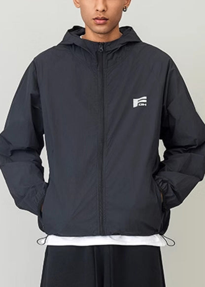Manteau décontracté UPF 50+ noir imprimé avec cordon de serrage et capuche pour homme