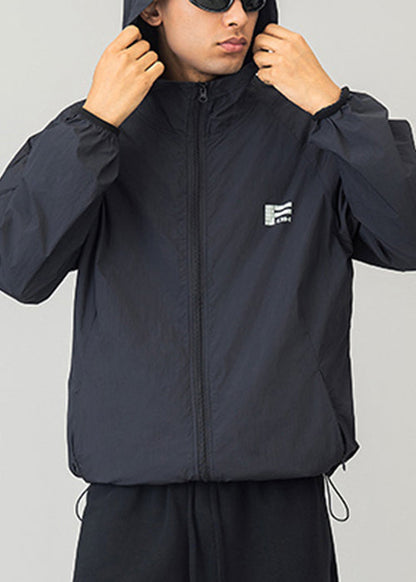 Manteau décontracté UPF 50+ noir imprimé avec cordon de serrage et capuche pour homme