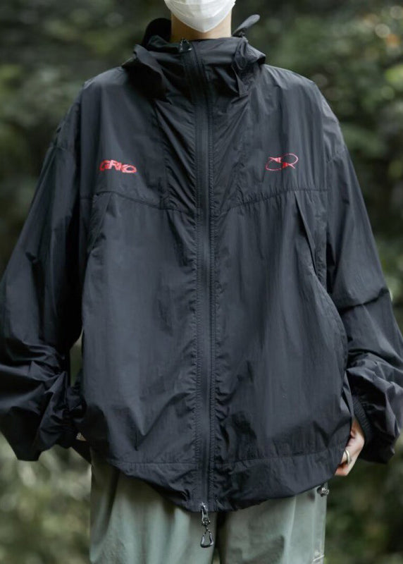 Herren UPF Reißverschluss Kapuze Sommer Print Freizeitmantel 50+ Schwarz