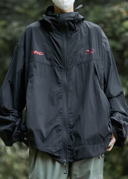 Herren UPF Reißverschluss Kapuze Sommer Print Freizeitmantel 50+ Schwarz