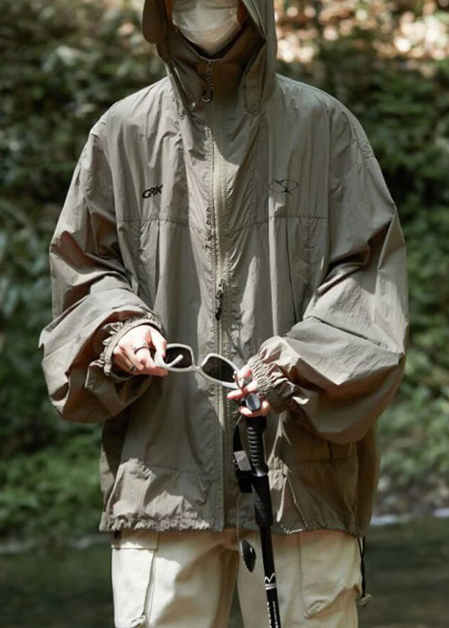 Herren UPF Reißverschluss Kapuze Sommer Print Freizeitmantel 50+ Schwarz