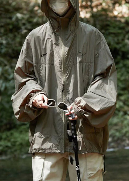 Herren UPF Reißverschluss Kapuze Sommer Print Freizeitmantel 50+ Schwarz