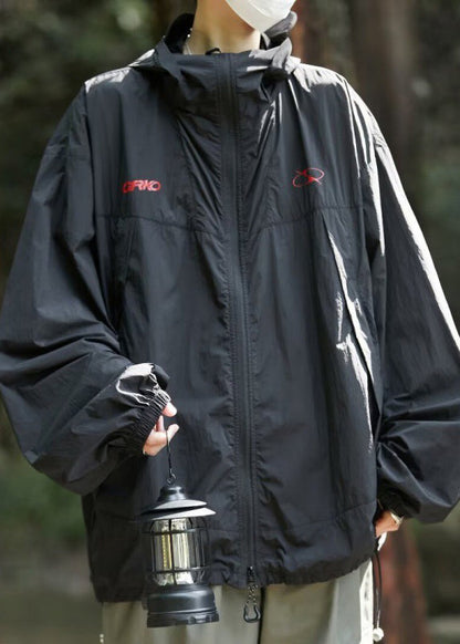 Herren UPF Reißverschluss Kapuze Sommer Print Freizeitmantel 50+ Schwarz