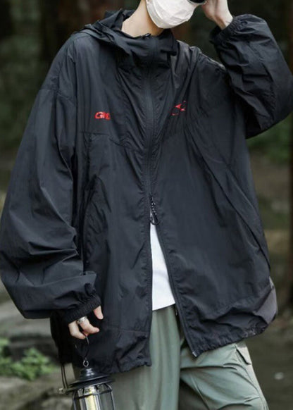 Herren UPF Reißverschluss Kapuze Sommer Print Freizeitmantel 50+ Schwarz