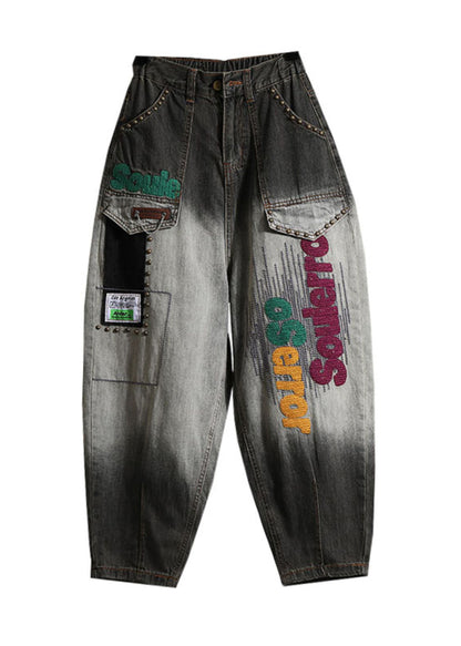 Pantalon en jean décontracté avec poches brodées et lettres noires pour le printemps QQ1024