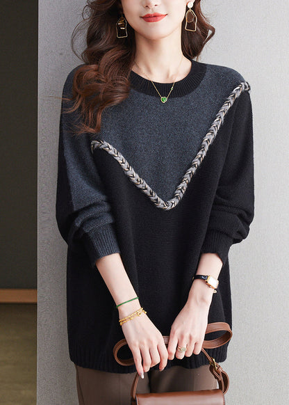 Casual Schwarz O Neck Patchwork Woll Strick Pullover Frühling TQ025