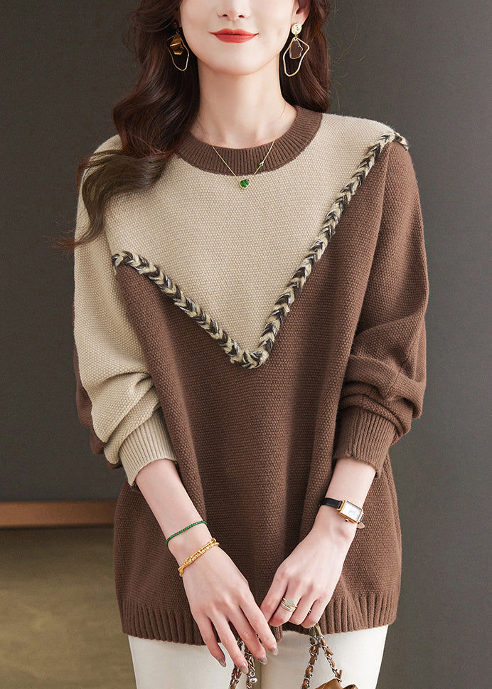 Casual Schwarz O Neck Patchwork Woll Strick Pullover Frühling TQ025