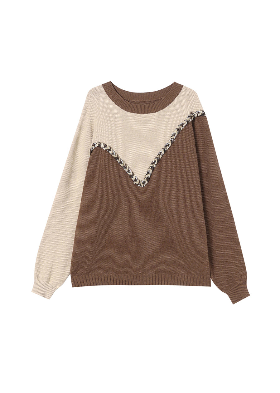 Casual Schwarz O Neck Patchwork Woll Strick Pullover Frühling TQ025