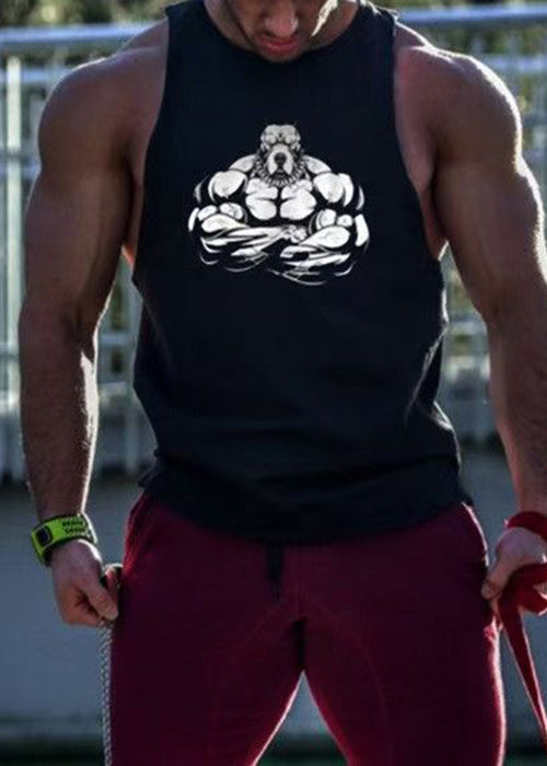 Print Men Tank O Black Sleeveless Casual Cotton Neck