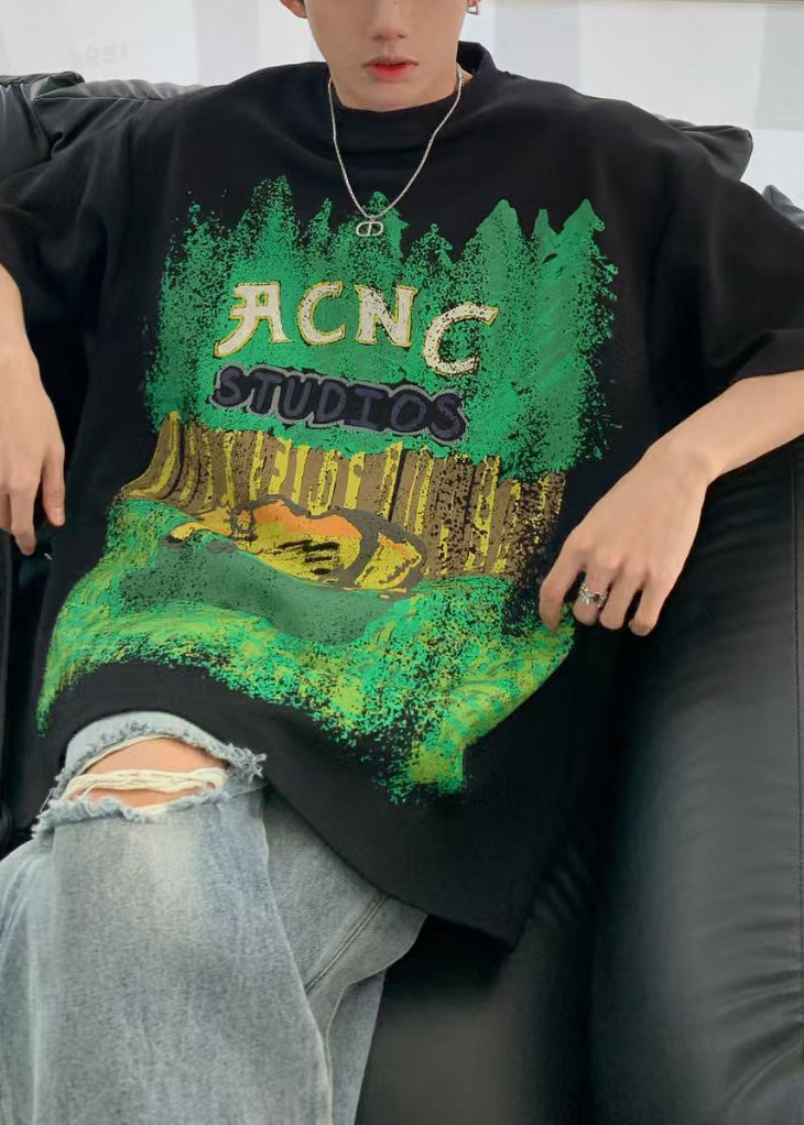 Baumwolle Ärmel Schwarz O-Ausschnitt Herren T-Shirt Print Halb Shirts Casual