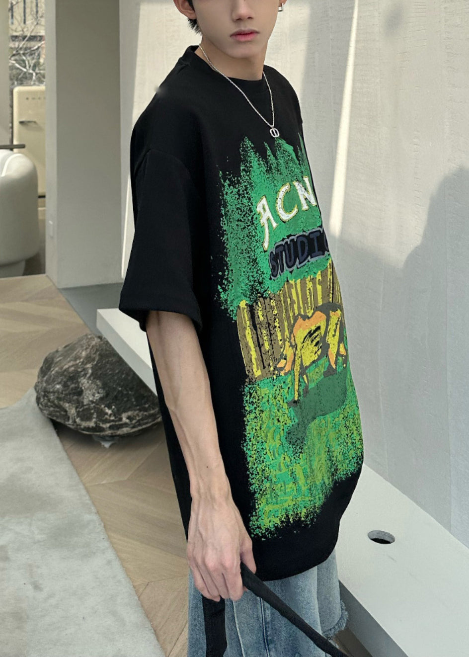 Baumwolle Ärmel Schwarz O-Ausschnitt Herren T-Shirt Print Halb Shirts Casual