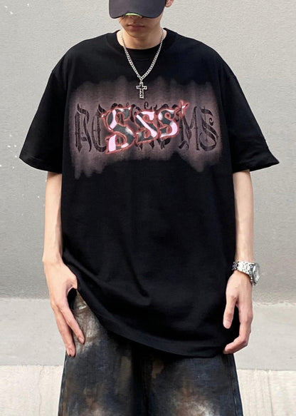 Casual Men Neck Summer Cotton Print Black O Shirt T