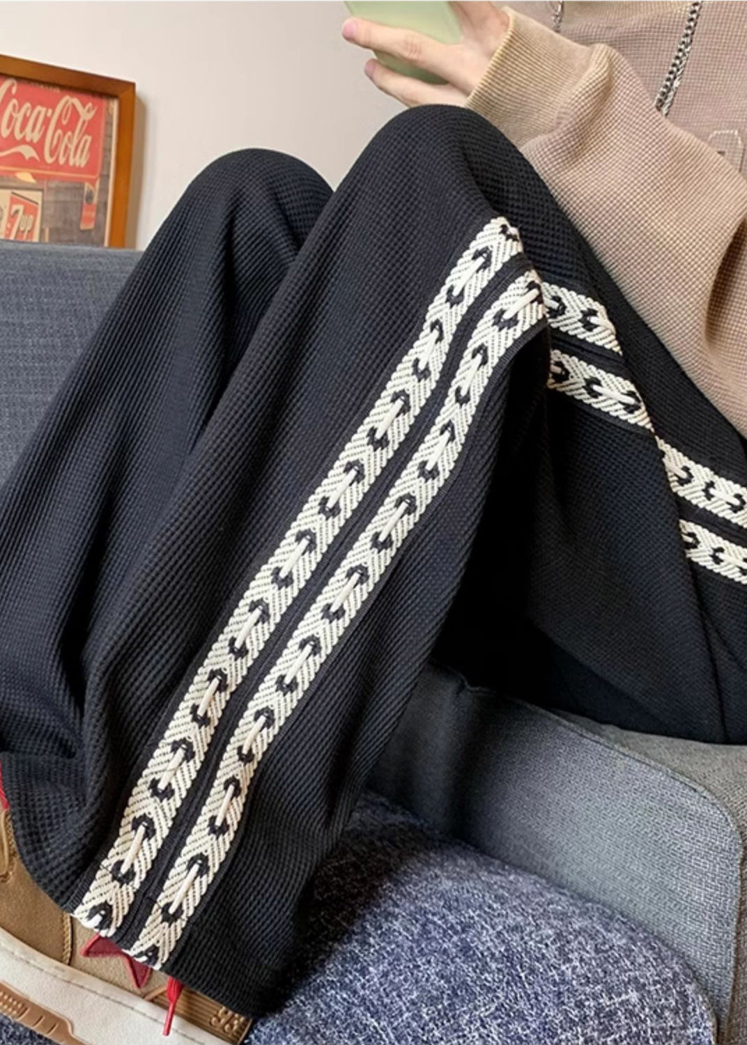 Pantalon noir en coton pour homme, style patchwork, décontracté et surdimensionné, collection printemps
